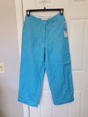 NWT Jillian Jones Turquoise Blue Linen Blend Wide Leg Cropped Pants Size 8